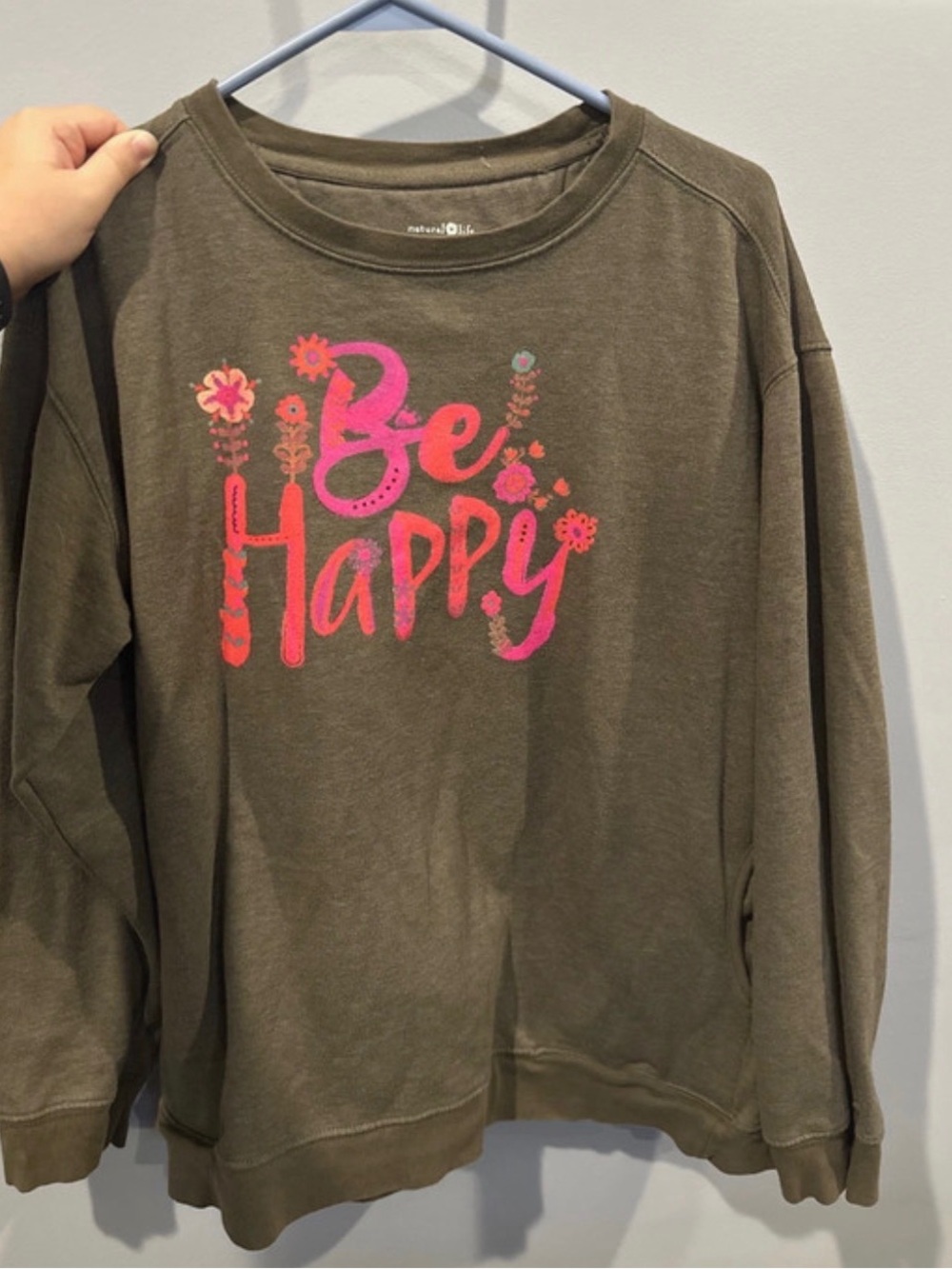 NATURAL LIFE Olive Sweatshirt with Pink 'Be Happy' Graphic